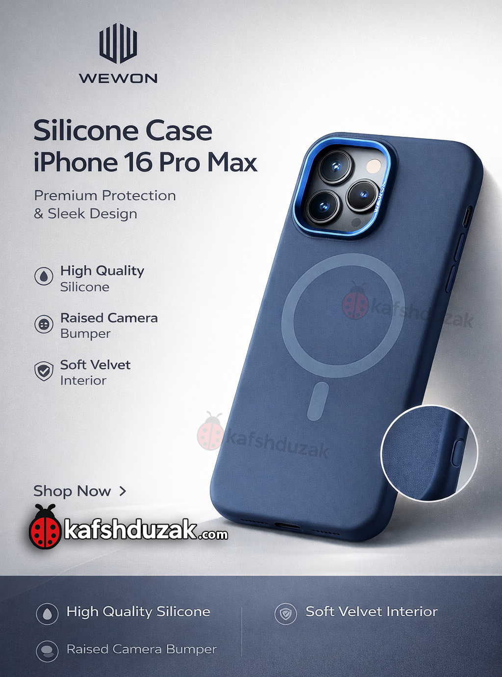 کاور سیلیکونی اورجینال آیفون 16 promax برند WEWON با قابلیت مگ سیف